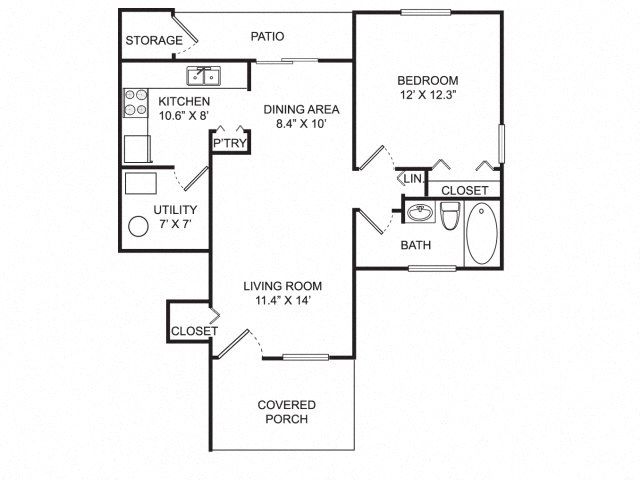 Floor plan for 1 bed, 1 bath, 890 sqft